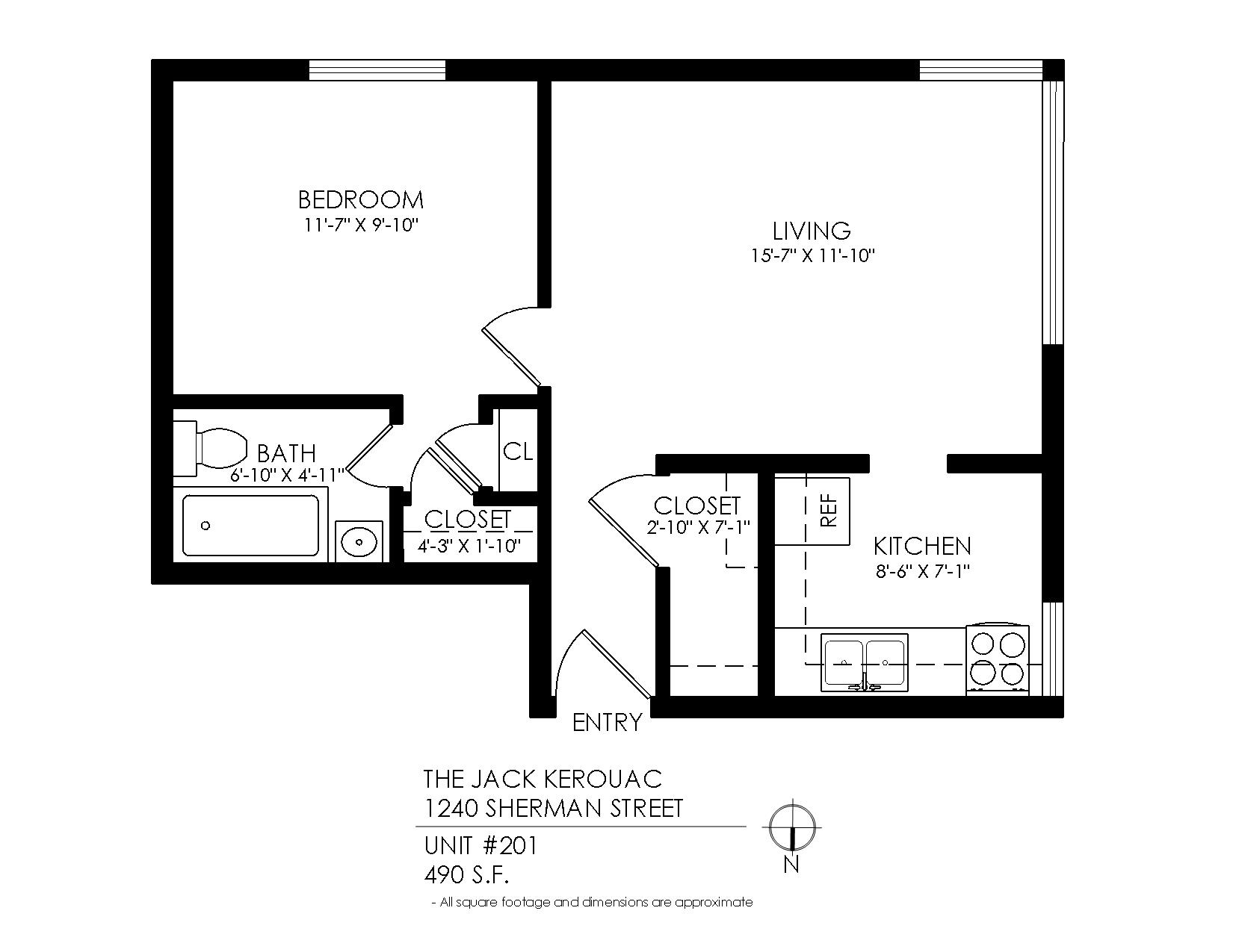 Floor plan for 1 bed, 1 bath, 490 sqft